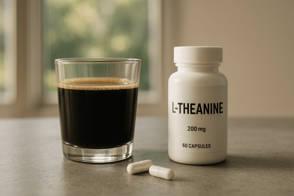 A clear glass of black coffee sits beside a white pill bottle labeled “L-Theanine 200 mg” on a gray surface, with two white capsules placed in front. The scene is softly lit by morning sunlight through large windows, creating a calm and natural setting that highlights the synergy of caffeine and L-theanine for mental focus and cognitive longevity.