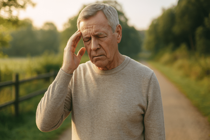 A photograph captures an older Caucasian man in his 60s standing on a quiet rural path during early morning light, gently touching his temple with a concerned expression. The soft natural lighting and blurred green background evoke a peaceful yet introspective mood, highlighting the importance of Brain Awareness Month and public education around Alzheimer’s disease and cognitive health.