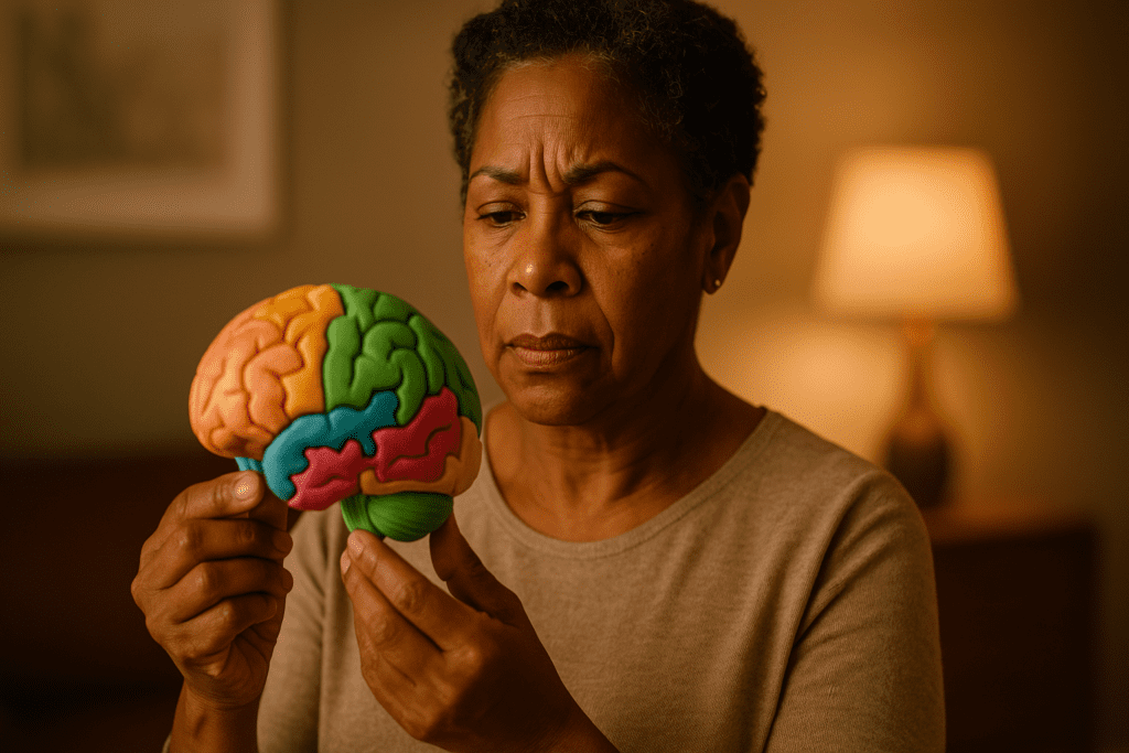 A photograph of an African American middle-aged woman carefully examining a colorful brain-shaped puzzle piece in her hands, set in a softly lit living room with warm indoor lighting. Her focused expression and the symbolic object reflect the importance of dementia awareness during Brain Awareness Month and the role of cognitive education in Alzheimer’s prevention.
