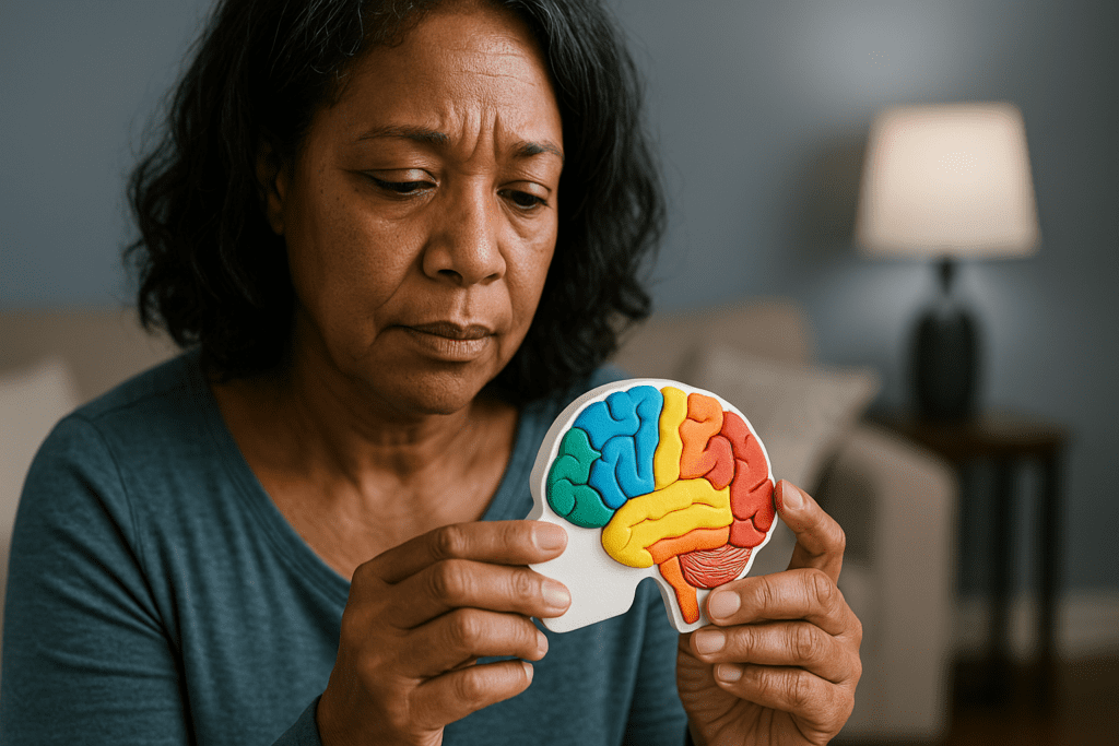 A photograph captures a middle-aged African American woman studying a brightly colored model of the human brain while seated in a softly lit living room. The cool ambient light and her contemplative expression emphasize the personal relevance of Alzheimer’s awareness and the role of brain education in promoting cognitive well-being during Brain Awareness Month.