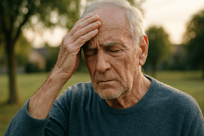 An elderly Caucasian man with a weathered face stands outdoors in soft natural morning light, pressing his hand to his forehead with closed eyes, suggesting confusion or cognitive strain. The serene suburban background and gentle sunlight subtly underscore the theme of dementia's impact on life expectancy and brain health.