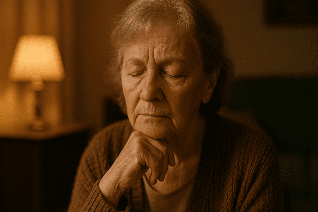 An elderly Caucasian woman with closed eyes sits alone in a warmly lit living room, resting her chin on her hand in quiet contemplation. The ambient glow from a nearby lamp emphasizes the reflective mood, symbolizing the emotional weight of dementia and its impact on life expectancy.