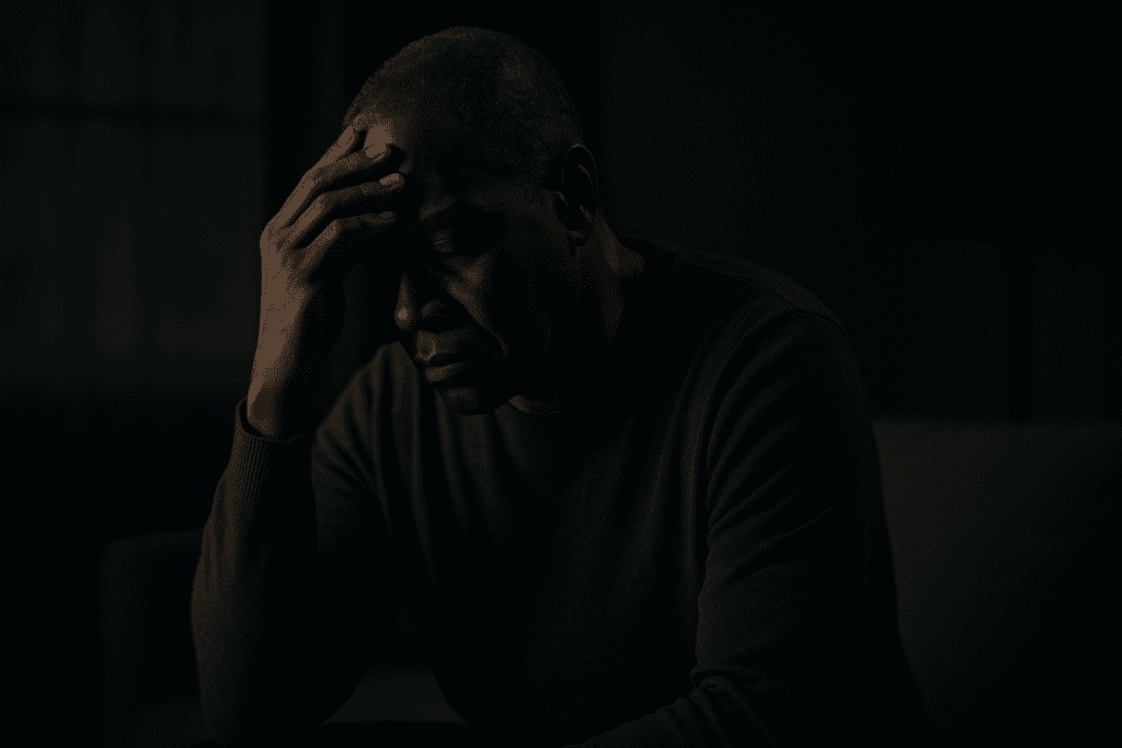 A middle-aged African American man sits in a dimly lit room, his head bowed and hand pressed to his forehead, conveying emotional distress. The moody lighting and deep shadows evoke the heavy psychological toll of dementia and the contemplation of its role in premature death.