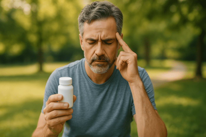A middle-aged man with salt-and-pepper hair sits outdoors in a sunny park, eyes closed and touching his temple while holding a nootropic pill bottle. This serene and introspective moment captures the theme of brain health optimization through science-backed supplement choices.