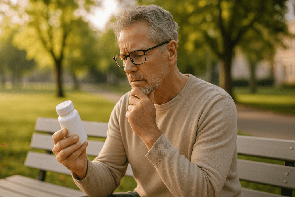A thoughtful older man sits on a park bench under soft natural morning light, examining a plain white supplement bottle while gently resting his chin on his hand. The clean, green park setting symbolizes the mindful decision-making process involved in choosing the right focus nootropic for cognitive longevity.