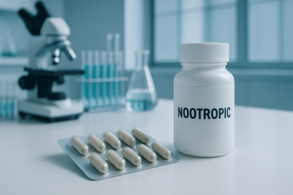 A close-up image of a nootropic supplement bottle labeled "NOOTROPIC" alongside a blister pack of beige capsules on a white lab counter. The cool clinical lighting and blurred background of microscopes and lab glassware emphasize a scientific setting, highlighting the importance of choosing nootropics backed by research for cognitive longevity.