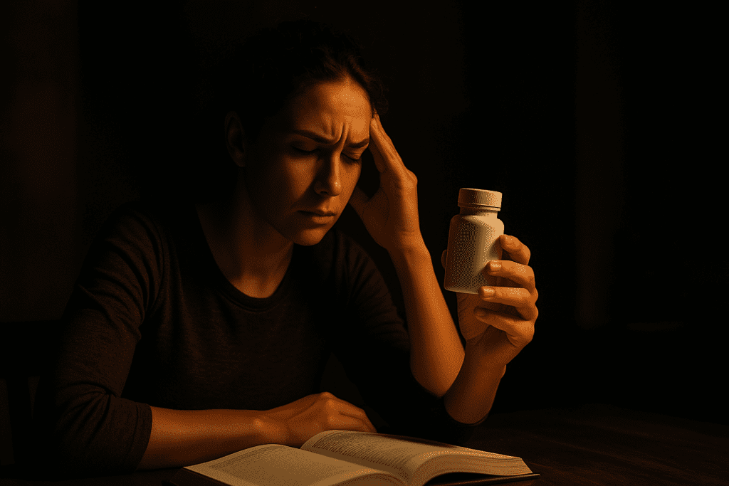 A young woman with curly hair sits at a wooden table at night, her face lit by a single warm light as she studies a white supplement bottle and rests her head on her hand. The moody shadows and open book evoke a quiet, contemplative scene, reflecting the process of researching focus nootropics for cognitive support.
