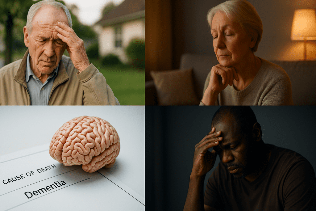 A composite image presents four photorealistic scenes exploring the question “Can dementia lead to death?”—an elderly man outdoors in morning light, a contemplative woman in a warmly lit room, a brain model beside a death certificate under clinical lighting, and a distressed man in a dark room. Each frame reflects a distinct emotional tone and setting, emphasizing dementia’s serious impact on life expectancy and cognitive decline.