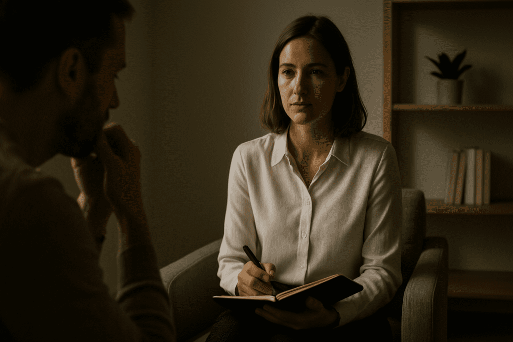 Female therapist attentively listens to a client in a calm, softly lit therapy room with neutral tones.