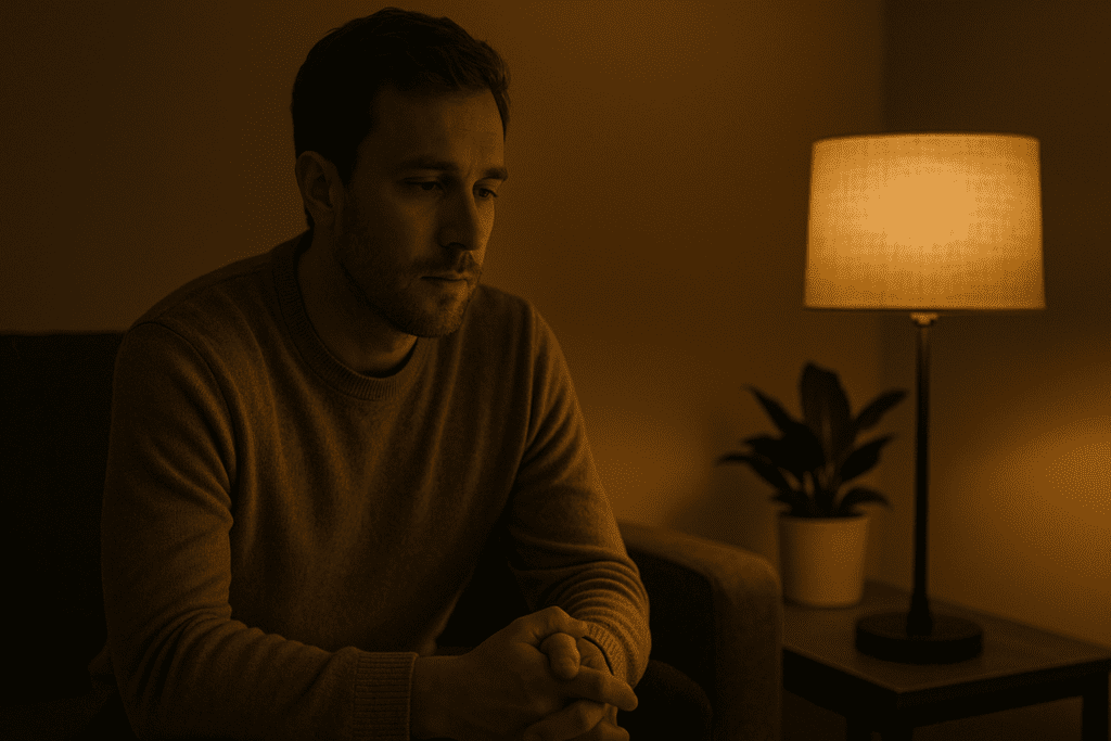 A man sits on a sofa in a dimly lit room, illuminated by warm lamp light, appearing pensive and calm.
