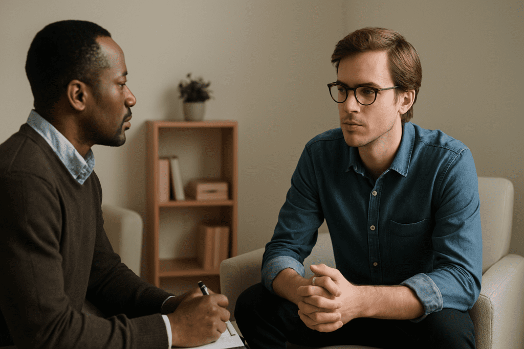 African American therapist with clipboard listens to a young man in a blue shirt during a counseling session.