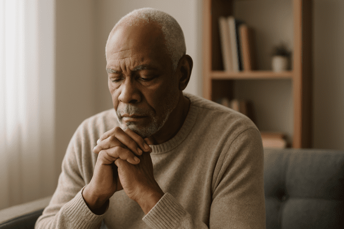An elderly African American man sits quietly in a softly lit living room, his hands clasped beneath his chin and eyes closed in reflective thought, framed by a bookshelf and a gentle curtain-filtered window behind him.