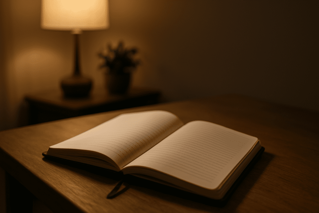 An open lined notebook rests on a wooden table, softly illuminated by a warm table lamp in the background, creating a peaceful, reflective ambiance.