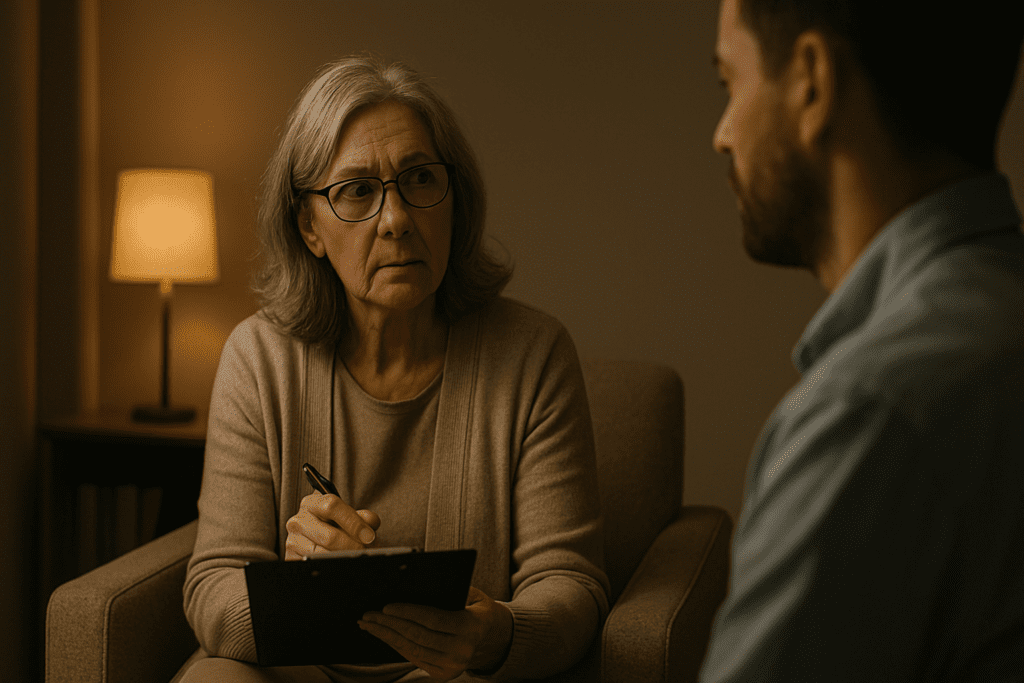 An older female therapist with gray hair and glasses attentively listens to a younger male client during a session, seated in a warmly lit room with a soft glow from a nearby lamp.