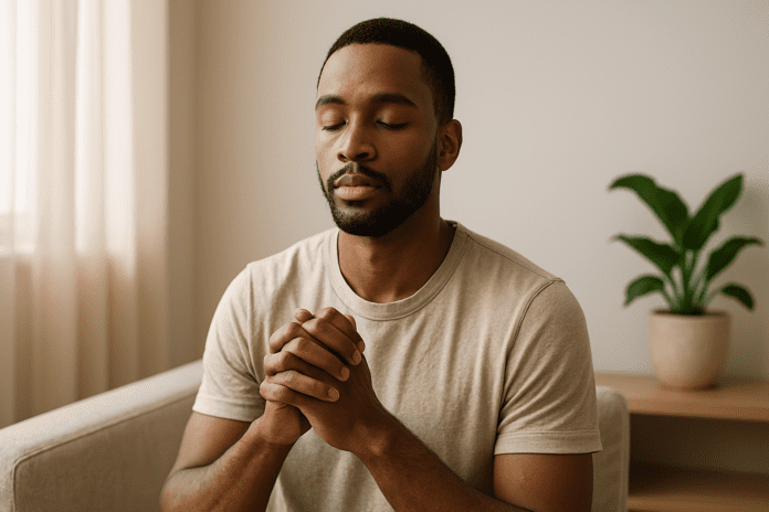 Young man meditating indoors with eyes closed, seated calmly in a minimalist room with natural morning light and a green plant in the background. A serene African American man practices mindfulness on a beige sofa, hands clasped, in a softly lit, peaceful environment.