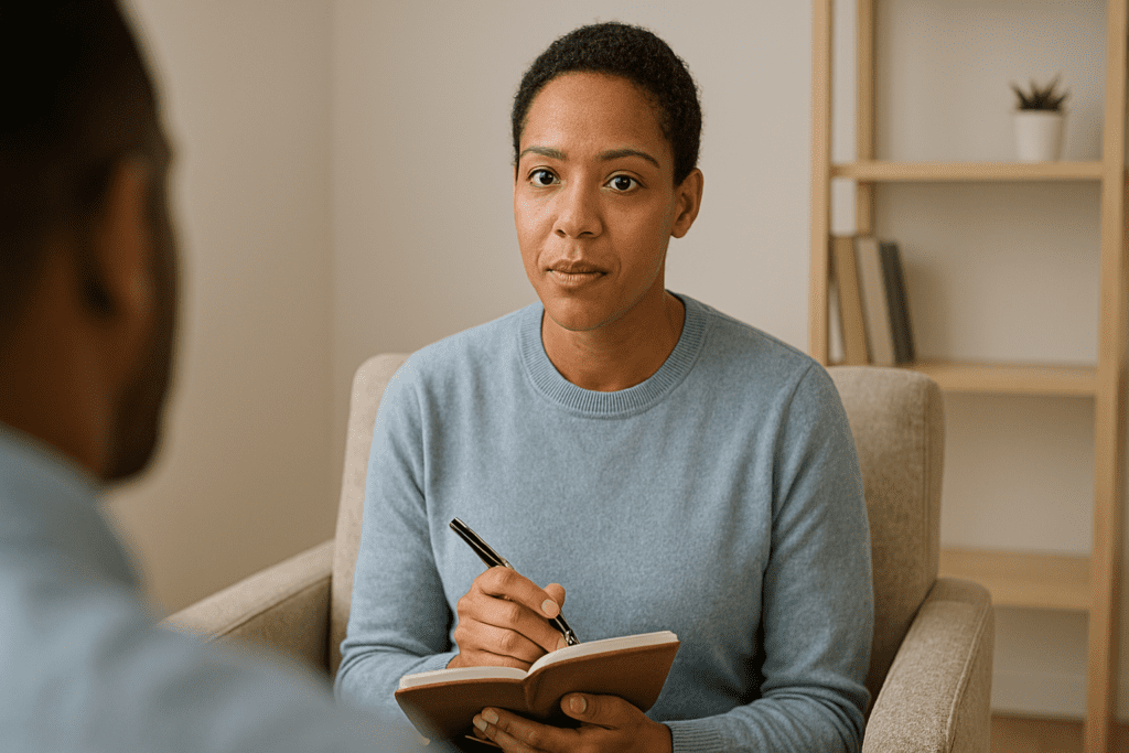 Therapist attentively listening and taking notes in a clean, softly lit office setting, focused and engaged during a session.
Calm African American woman in a blue sweater sits in a modern therapy room, holding a pen and notebook, ready to guide her client.