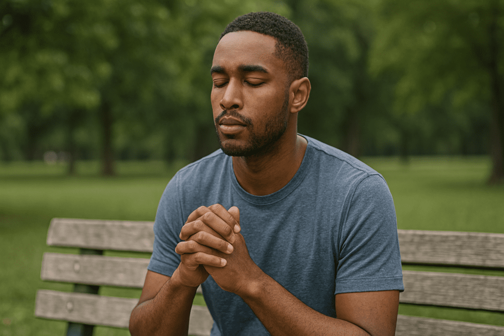 Man seated on a park bench with closed eyes and hands clasped, surrounded by greenery and diffused outdoor light.
A peaceful African American man meditates outdoors, framed by a quiet park and lush trees in the background.