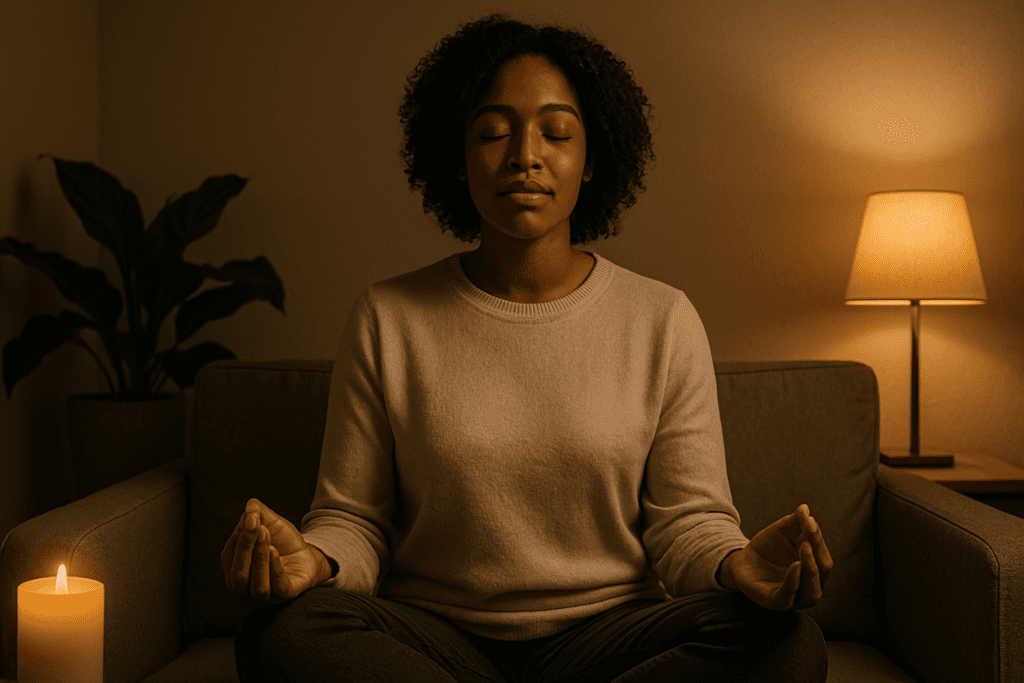 Woman meditating cross-legged on a sofa in a dimly lit room, with warm lamplight and a glowing candle creating a relaxing atmosphere.
Tranquil African American woman practices nighttime meditation at home, surrounded by earthy tones, soft lighting, and gentle decor.