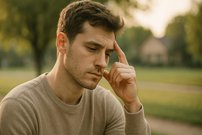 A young Caucasian man sits alone in a quiet park during early morning, resting his hand on his temple with a pensive expression, symbolizing introspection and the self-awareness central to CBT relationship techniques. The soft natural light and peaceful greenery reinforce the mood of emotional reflection and calm.