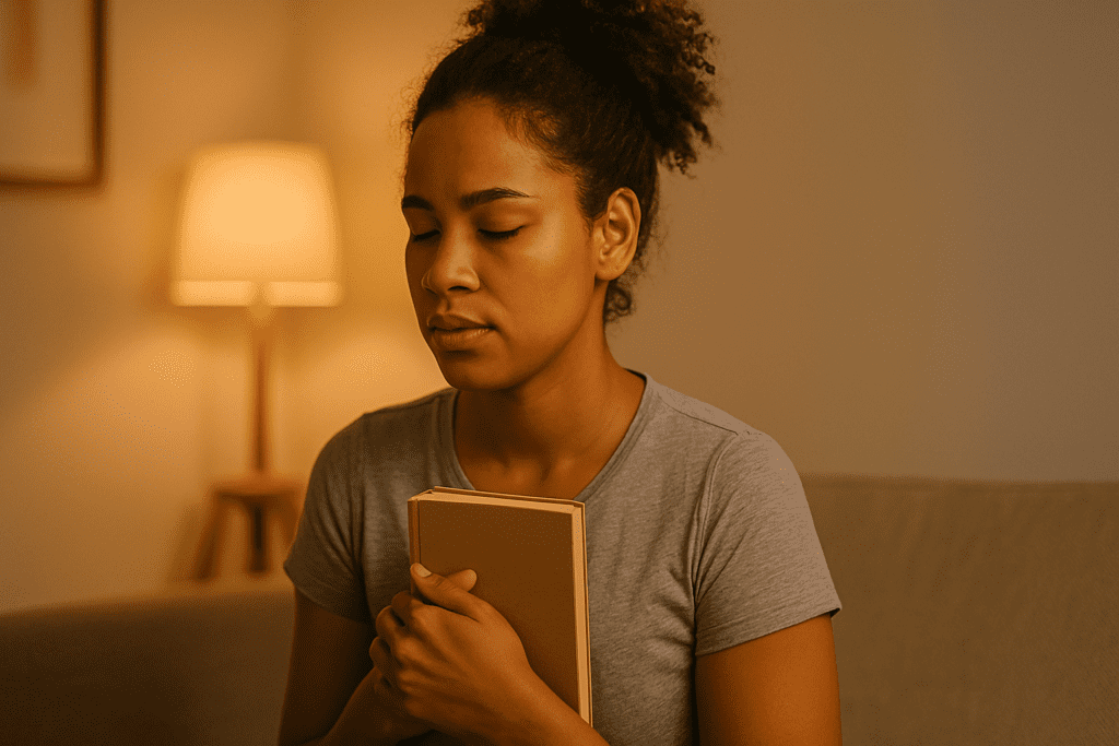 A young African-American woman sits on a modern sofa in a softly lit living room, holding a book to her chest with a peaceful, introspective expression. The warm ambient lighting and minimal décor highlight the emotional mindfulness and self-reflection CBT encourages for improving communication and relationships.