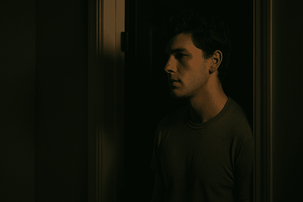 A young Caucasian man stands in a dark room, half-lit by moody lighting that casts strong shadows on his face and background, emphasizing emotional intensity and inner conflict. This dramatic setting symbolizes the self-confrontation and deep cognitive shifts often involved in CBT for healthier relationship patterns.
