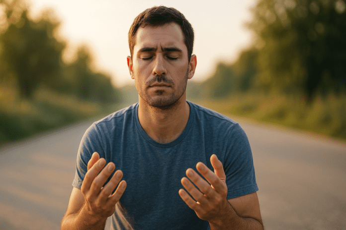 A young man sits peacefully on a rural road surrounded by soft morning light, eyes closed and hands open in a meditative posture. This calm outdoor setting illustrates how CBT for anxiety disorders can help individuals regain control through mindfulness and intentional focus.