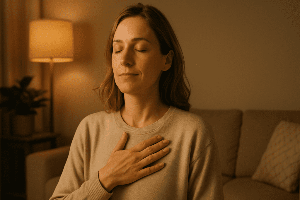 A light-skinned woman sits calmly in a warmly lit living room, her eyes closed and hand resting over her heart in a moment of self-awareness. This serene image visually represents how Cognitive Behavioral Therapy (CBT) for anxiety supports emotional grounding in a safe, comforting environment.