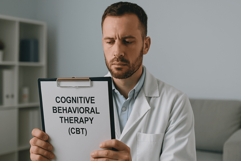A male therapist wearing a white coat studies a clipboard labeled "Cognitive Behavioral Therapy (CBT)" in a bright, clinically lit office. The clean and structured setting conveys the clarity and methodical approach CBT offers in treating anxiety disorders.