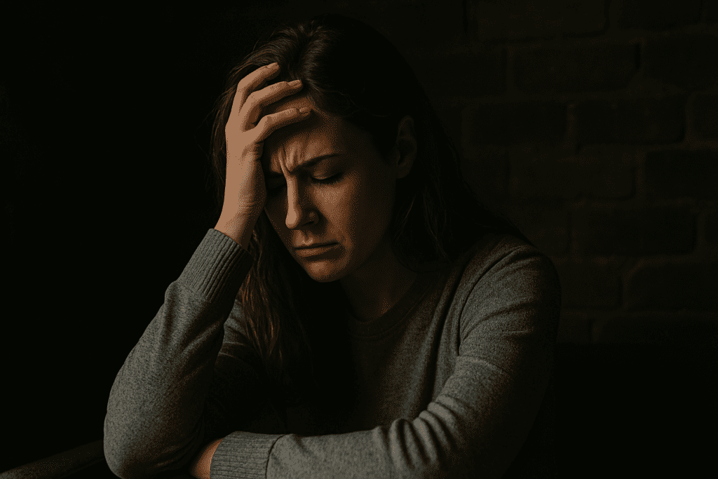 A young woman sits alone in a shadowy room with her hand to her forehead, appearing overwhelmed and distressed. The moody lighting and brick wall setting convey the emotional weight of anxiety, reinforcing the importance of CBT in helping individuals navigate difficult mental states.