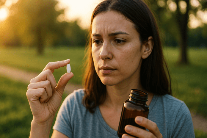 A young woman stands in a sunlit park during early morning, holding a white pill and an amber supplement bottle, symbolizing the contemplation of brain-enhancing supplements like Elevate pills in natural wellness routines. The warm lighting evokes clarity and curiosity, aligning with the theme of evaluating nootropic options.