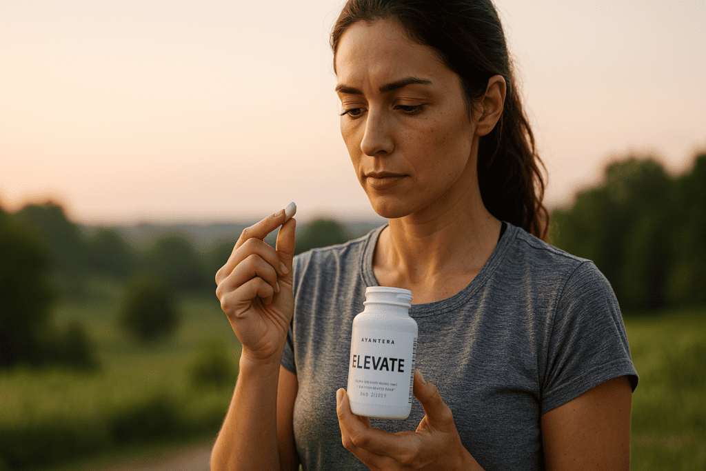 A young woman stands in a sunlit rural setting at dawn, examining a pill in one hand while holding a white Elevate bottle in the other, capturing the thoughtful consideration of potential brain health benefits and Avantera Elevate side effects. The soft natural morning light enhances the reflective mood and underscores the theme of evaluating elevate pills for cognitive support.