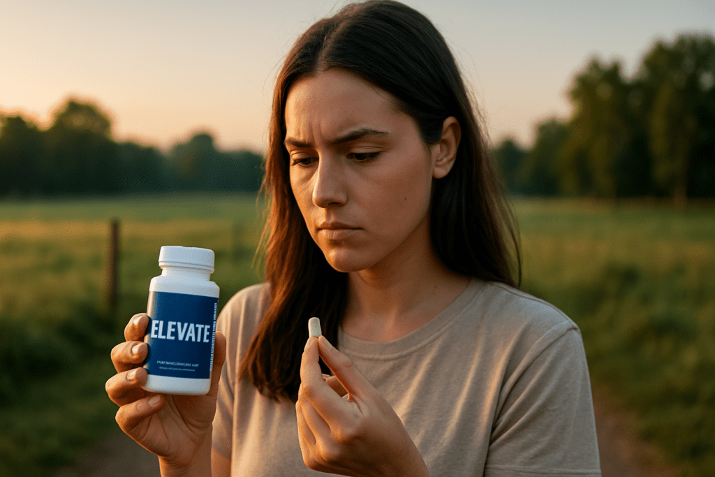 A young woman stands outdoors in a golden-lit rural landscape, carefully inspecting a pill in one hand while holding a bottle labeled Elevate in the other, symbolizing thoughtful evaluation of nootropic supplements. The soft natural lighting and peaceful environment highlight the reflective consideration of brain health benefits and potential Avantera Elevate side effects.