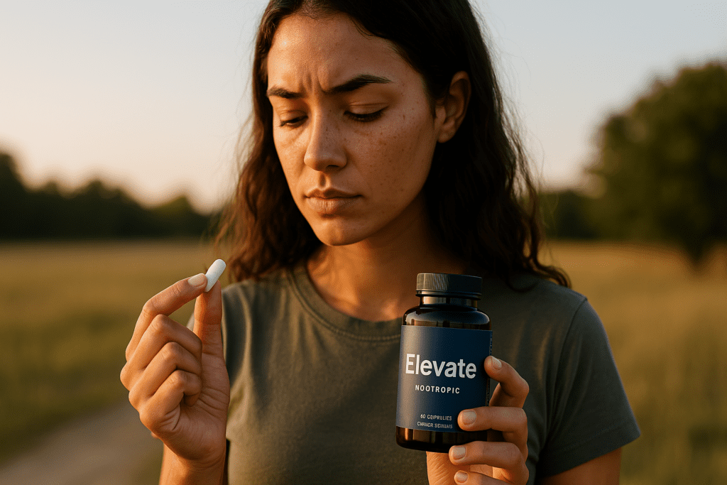 A young woman stands in a golden-hour rural landscape, intently examining a white capsule while holding a dark Elevate nootropic bottle in her other hand, capturing the thoughtful approach to brain optimization. The warm natural lighting and peaceful outdoor setting emphasize the balance between nature and science when considering Avantera Elevate side effects and benefits.