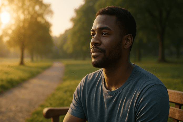 A young Black man with a thoughtful expression sits alone on a park bench at sunrise, bathed in soft natural morning light. The warm golden tones highlight the peaceful greenery and symbolize early moments of renewed motivation through behavioral activation therapy for depression.