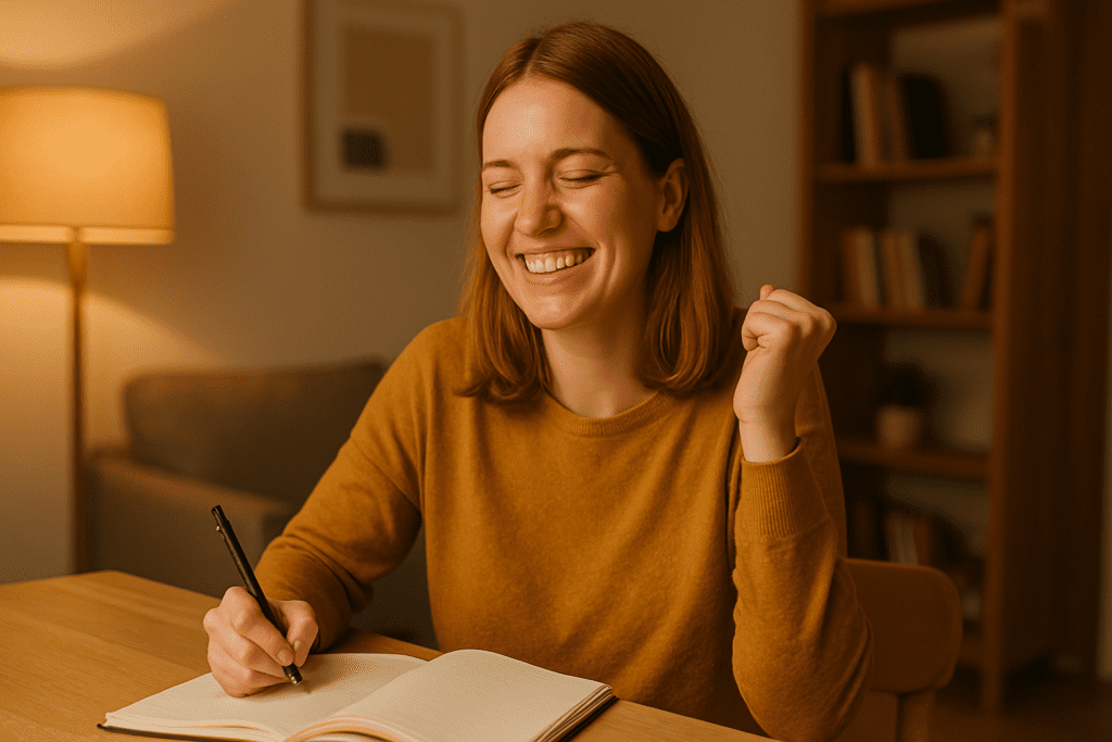 A smiling young woman with light brown hair writes in a journal at a wooden table, warmly lit by ambient lighting in a cozy living room. Her joyful demeanor and expressive gesture reflect the uplifting power of CBT-based behavioral activation therapy to reignite positive habits and emotions.