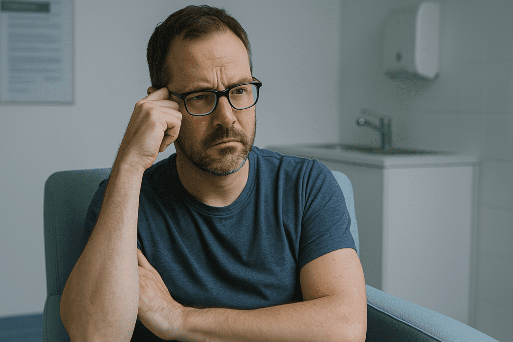 A middle-aged man with glasses sits pensively in a modern clinical setting, lit by cool fluorescent light. His contemplative expression and body language convey the introspective aspect of behavioral activation therapy in treating depression within a structured, therapeutic environment.