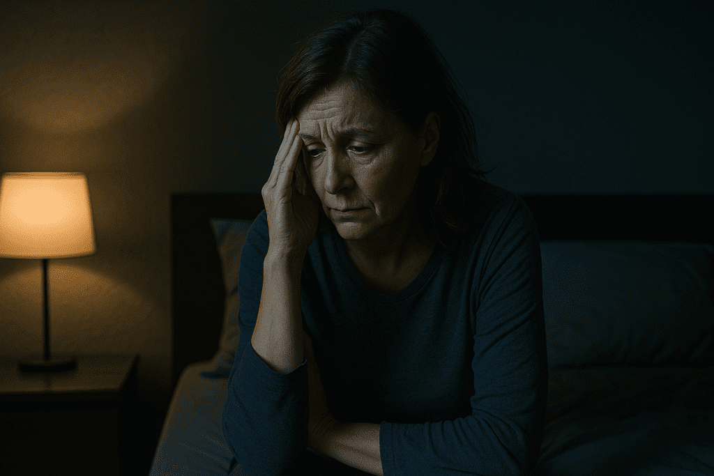 A woman in her forties sits on a bed at night, lit by a single bedside lamp that casts dramatic shadows across her face. Her weary yet reflective posture represents the emotional journey of reclaiming joy and resilience through behavioral activation therapy for depression.