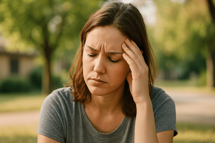 A young woman in her late 20s sits outdoors in soft morning light, resting her forehead on her hand with a pensive, stressed expression. Surrounded by blurred greenery and suburban calm, the image visually captures the emotional weight of automatic negative thoughts often explored in CBT for anxiety.