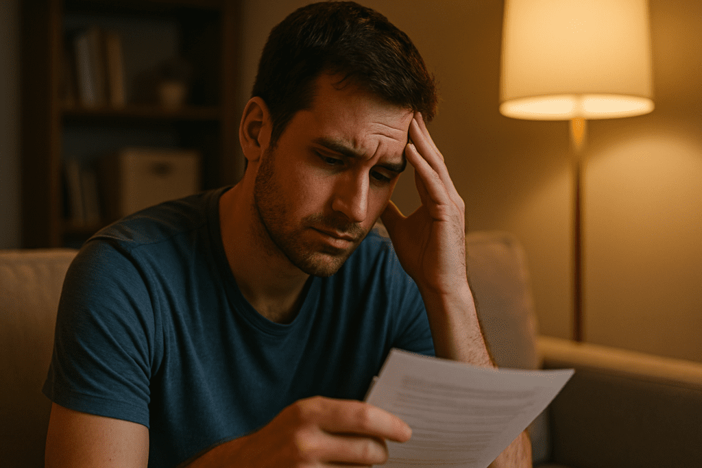 In a warmly lit living room, a man in his early 30s stares at a paper with concern, his hand pressed to his temple in quiet frustration. This mid-range image reflects the introspective struggle with unhelpful thinking patterns common in cognitive behavioral therapy sessions.
