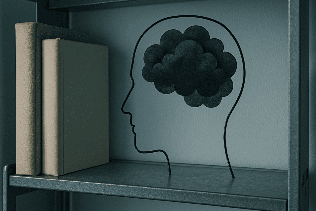 A symbolic metal wire sculpture of a human head filled with dark cloud imagery sits on a minimalist shelf under cool clinical lighting. This close-up visual metaphor illustrates the concept of distorted automatic thoughts in CBT and the mental fog they often create.