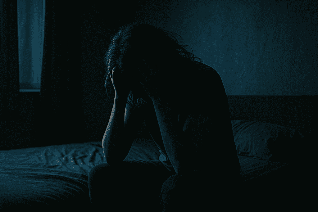A woman sits on the edge of her bed in a dark room, her head buried in her hands as shadows obscure her face. The moody lighting and nighttime setting convey the intense emotional distress associated with unchallenged negative thought patterns, a core focus in CBT for anxiety.