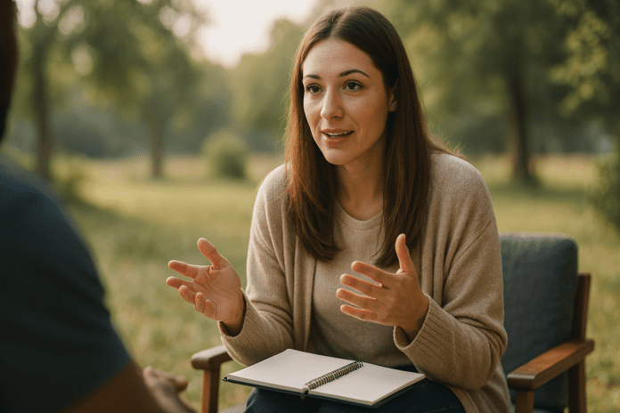 A young female behavioral therapist speaks attentively with a client during an outdoor morning session, surrounded by soft greenery and bathed in natural sunlight. The image highlights the calming atmosphere and personal connection central to behavioral therapy for adults.