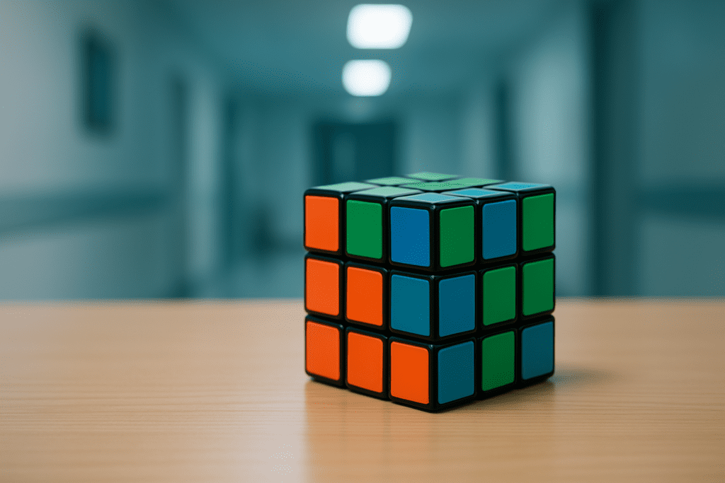 A brightly colored Rubik's Cube sits on a clean wooden table in a clinical room with cool fluorescent lighting, symbolizing problem-solving and cognitive challenges often addressed in behavioral therapy sessions. The sharp focus and minimalist background emphasize the mental clarity and structure therapy aims to provide.