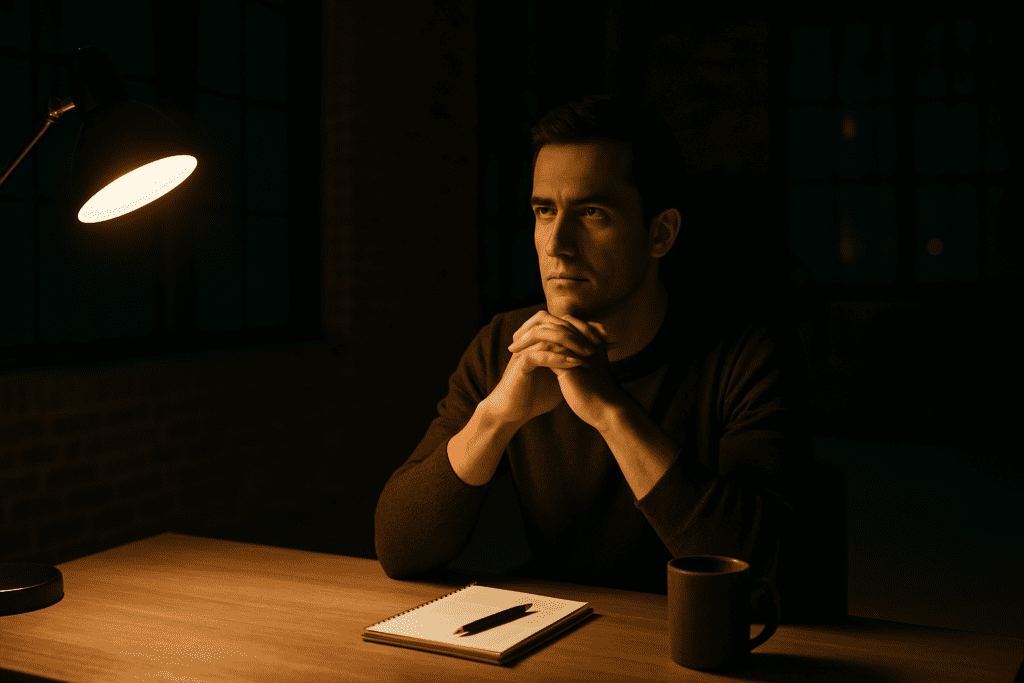 A young man sits alone at a wooden desk in a dimly lit loft, illuminated by a single warm lamp, with his hands clasped under his chin in deep reflection. The moody, introspective scene captures the emotional work involved in adult behavioral therapy, particularly in individual cognitive-behavioral sessions.