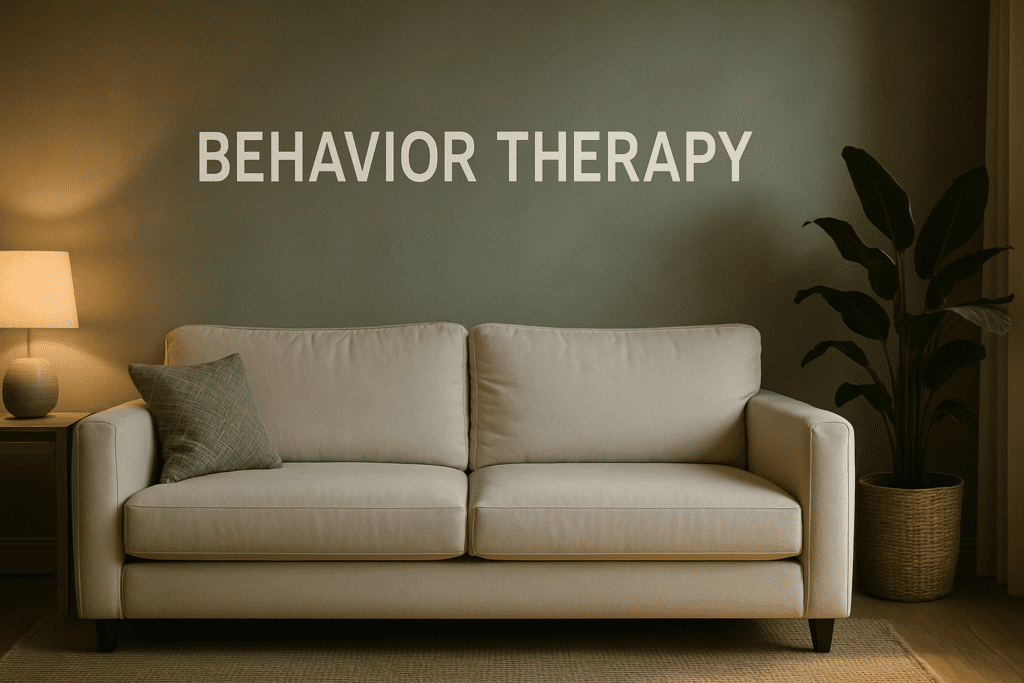 A wide-angle view of a serene behavior therapy room shows a beige couch against a green-gray wall with “BEHAVIOR THERAPY” written above it, complemented by warm lighting, a potted plant, and a simple wooden side table. The environment reflects the safe, structured space often used for adult behavioral therapy sessions.