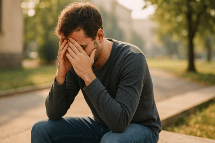 A young man sits hunched on a concrete bench in a quiet urban park, his face buried in his hands, illuminated by soft natural morning light. The calm yet somber atmosphere underscores early signs of depression and the potential need for therapy.
