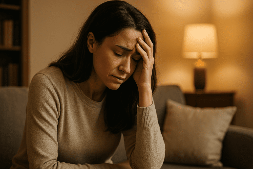 A distressed woman in her thirties sits on a couch with her hand on her forehead, eyes closed, under soft, warm indoor lighting. The comforting home setting contrasts with her pained expression, capturing the emotional weight of depression and the need for therapy.