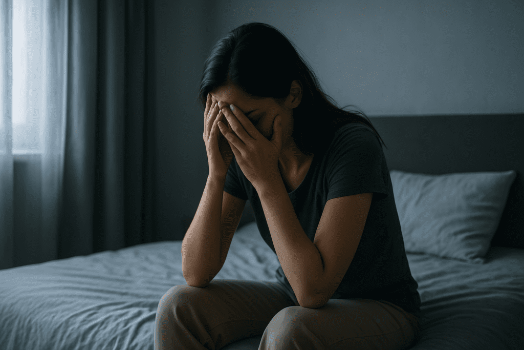 A photograph captures a young woman with light skin sitting on the edge of a bed in a dimly lit room, covering her face with her hands in a gesture of emotional distress, visually representing symptoms of depression and the potential need for therapy.