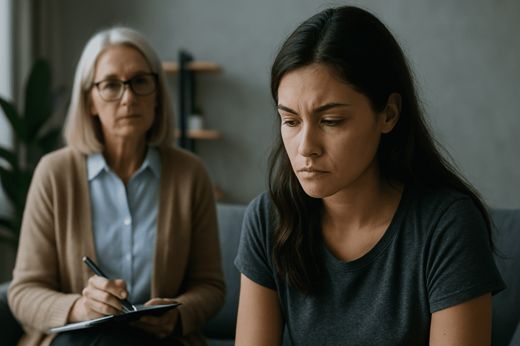A photograph captures a therapy session during daytime, showing a young woman with a somber expression sitting in the foreground, while a mature female therapist with white hair and glasses attentively observes and takes notes in a softly lit, calm environment—visually representing the therapeutic process for managing depression.