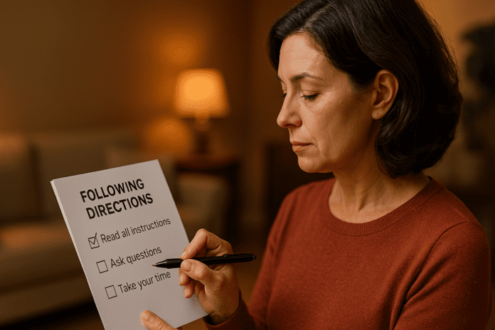 A middle-aged woman sits in a warmly lit living room, attentively reviewing a checklist titled “Following Directions” as part of CBT strategies for improving focus and task management. The soft indoor lighting and peaceful setting enhance the sense of calm and mental engagement.